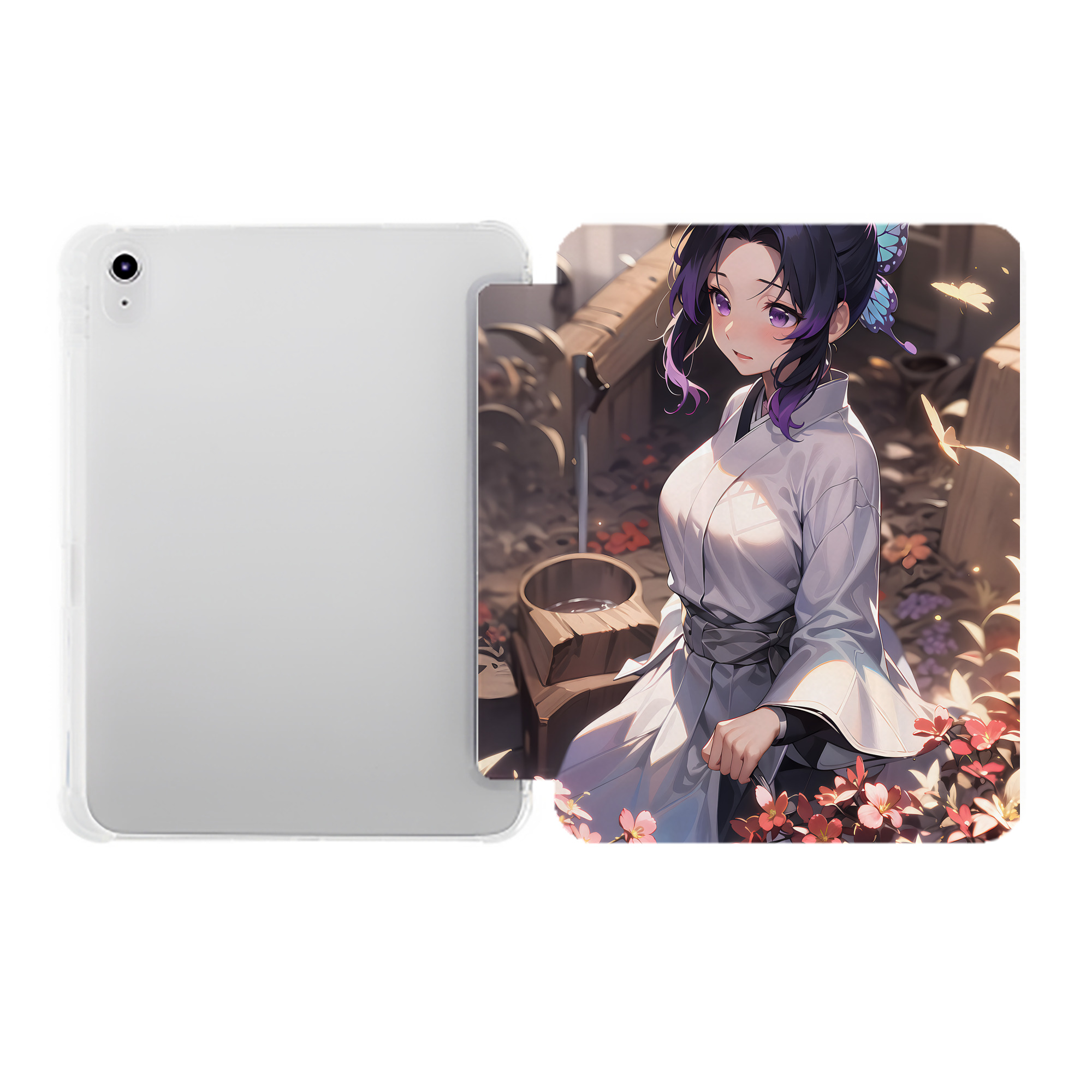 （画像用） 鬼滅の刃（きめつのやいば）蟲柱-胡蝶 しのぶ／こちょう しのぶ Kochou Shinobu IPad ケース ペン収納付き 三つ折りスタンド PUレザー×シリコン 対応機種9.5/10.5/10.9インチ